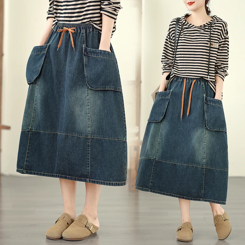 Spring New Style 3D Pocket Elastic Waist Denim Halfling Skirt Loose Slimming Meat Covering Lotus Lantern Skirt Button