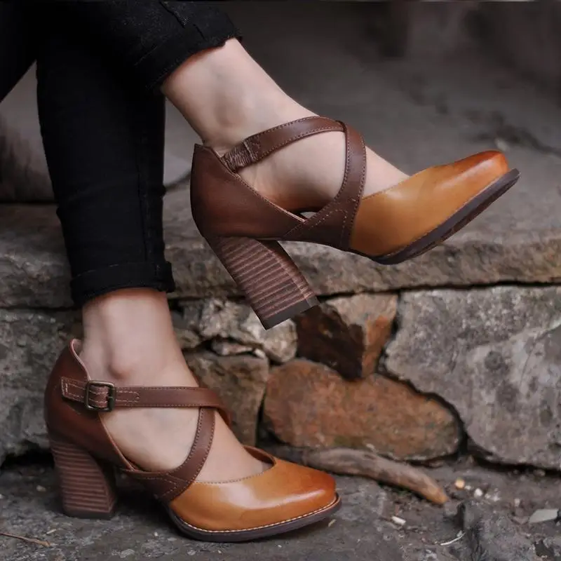 Women Shoes High Heels 8 Cm With Buckle Strap Pu Leather Round Toe Daily Walking Retro Women\'s Shoes