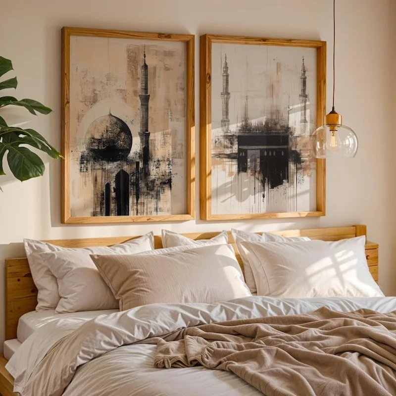 Abstract Wall Mural Set of Kaaba and Prophet Mosque Islamic Architecture Prints Modern Muslim Home Decoration Poster