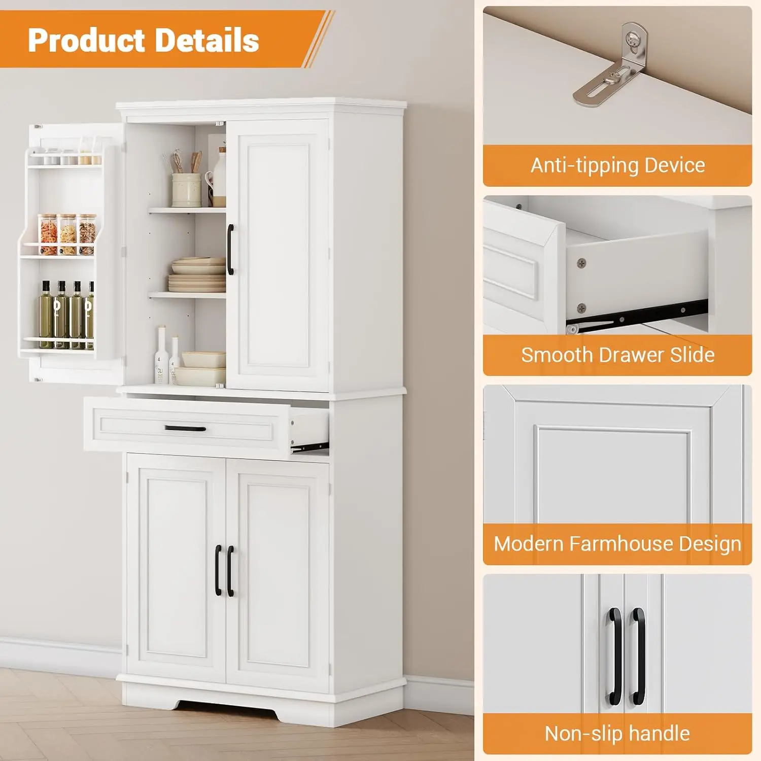 خزانة تخزين مخزن بطول 72 بوصة، خزائن جانبية كبيرة للمطبخ مع باب درج، أرفف قابلة للتعديل لغرفة المعيشة وغرفة المعيشة