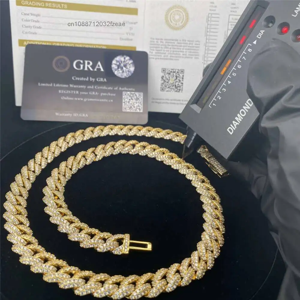 Luxury Cuban Links Hip Hop Cuban Chain 925 Silver Vvs Moissanite Iced Out Moissanite Diamond Cuban Necklace Bust Down Stock 12mm