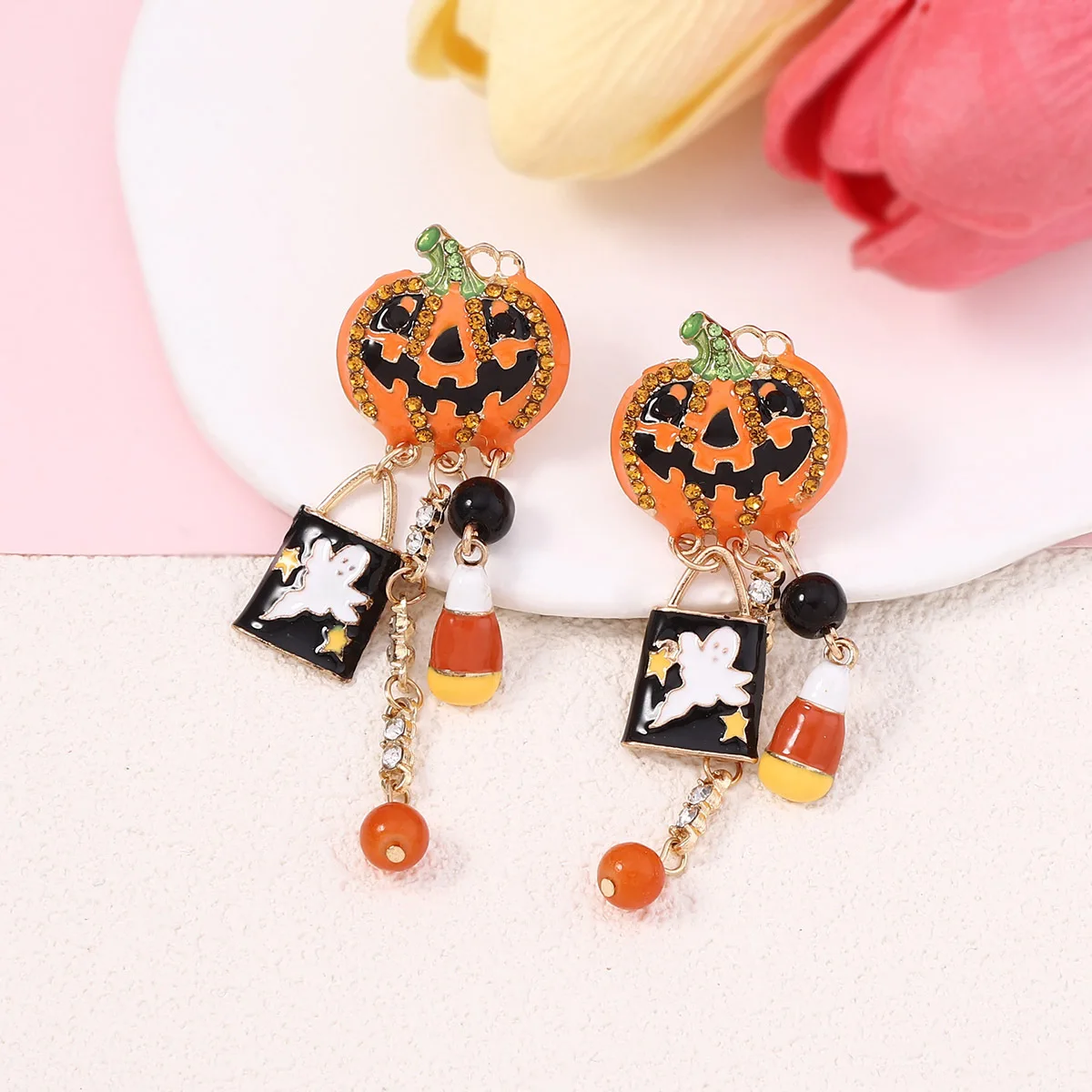 Halloween Enamel Tassel Dangle Earrings Zircon Jack-o-lantern Ghost Magic Book Candy Corn Charm Long Drop Earrings