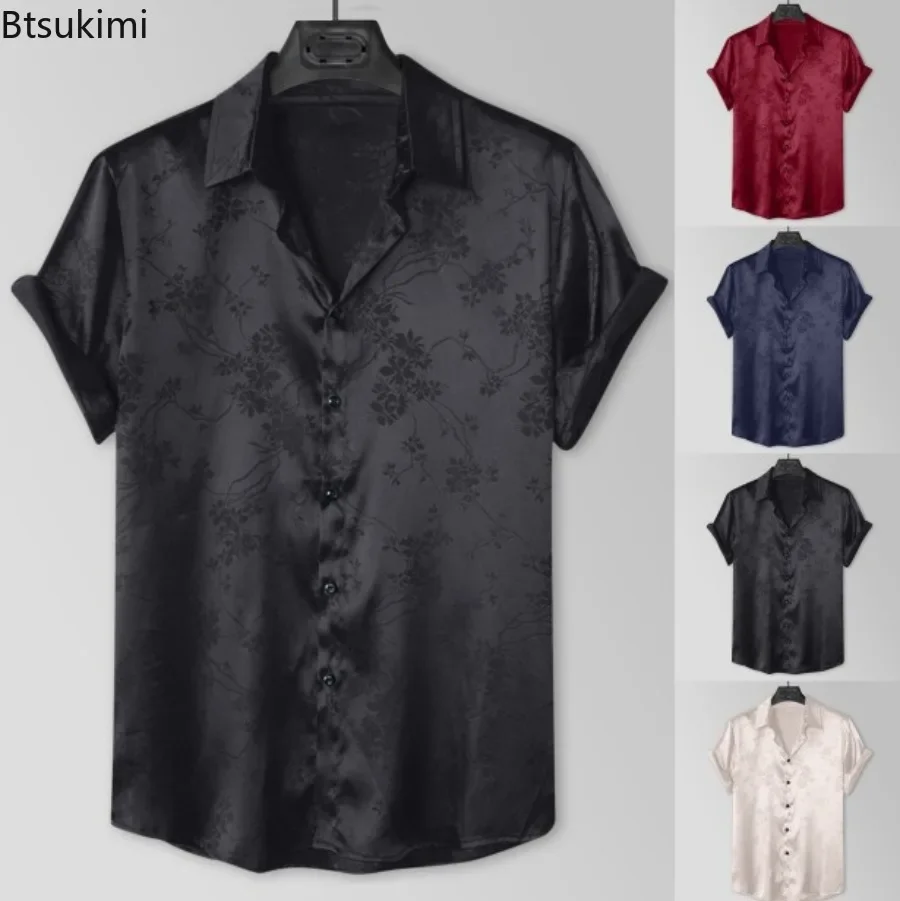 New 2026 Men's Jacquard Short-sleeved Shirts Fashion Solid Luxuyy Flower Print Casual Social Shirts Men Simple Versatile Blouses