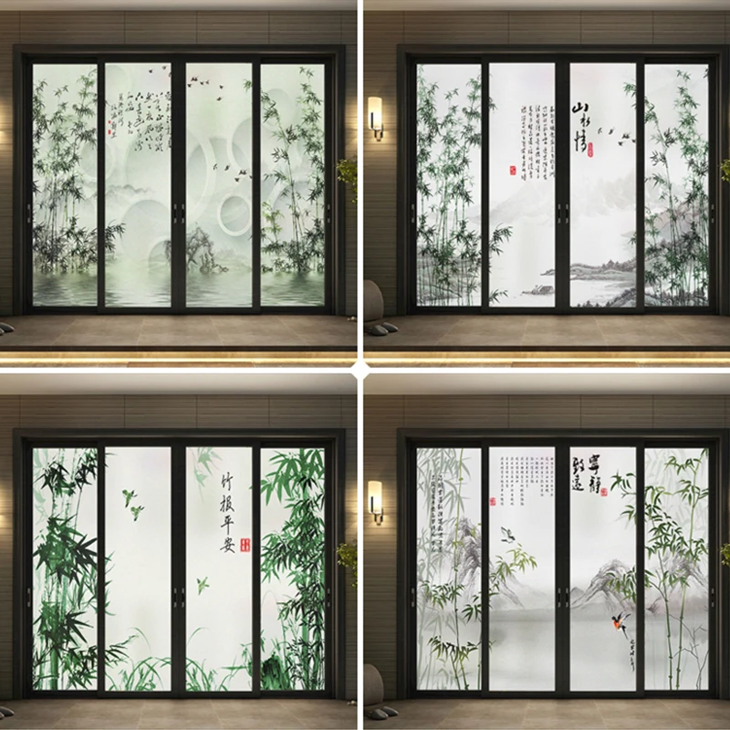 Sichtschutz-Fensterfolie im chinesischen Stil mit Bambusmuster, für Wohnzimmer, Küche, Schiebetür-Aufkleber, statisch haftende Milchglasfolien
