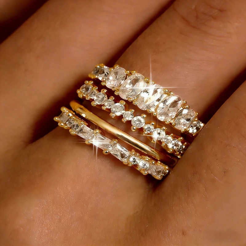4 Pieces/set of Fashionable and Luxurious Zircon Inlaid Women's Rings, Bridal Engagement Jewelry, Banquet Accessories Gifts