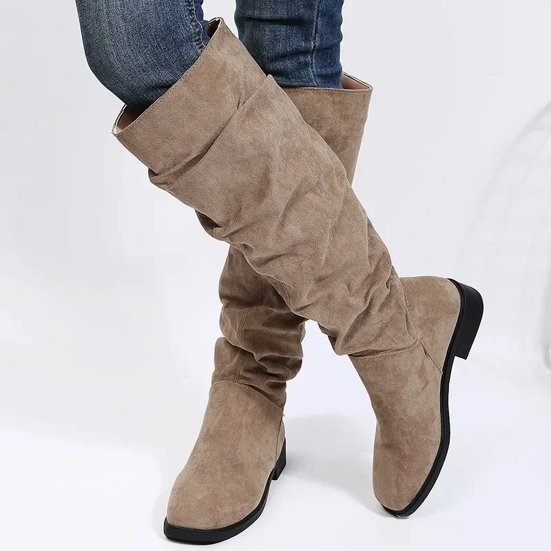 Fashion Knee High Chelsea Boots For Women 2024 Low Hees Autumn New Ladies Modern Denim Female Shoes Pointed Toe Western Boots