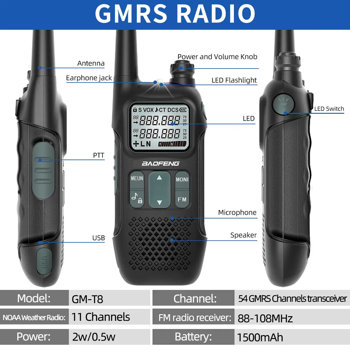 BaoFeng  GM-T8  Walkie Talkie  GMRS Radio  NOAA Long Range Rechargable Flashlight fun For Camping Familyction Two Way Radio USB