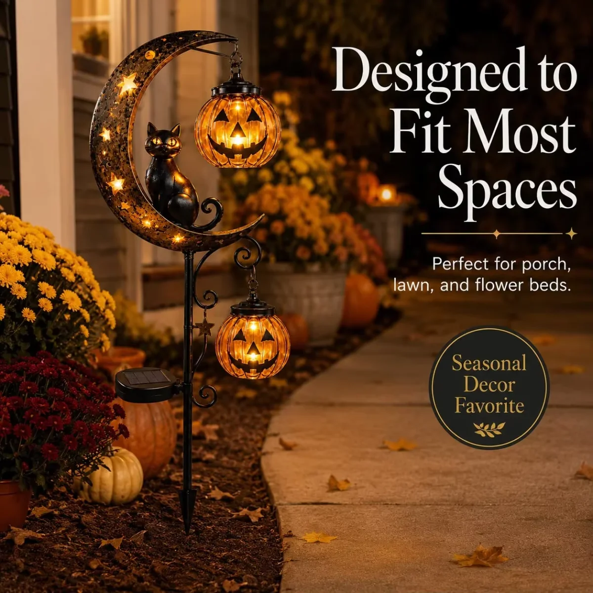 Solar Halloween Black Cat & Pumpkin Moon Garden Stake Light, Solar Garden Decoration, Outdoor Waterproof Metal Pumpkin Stake