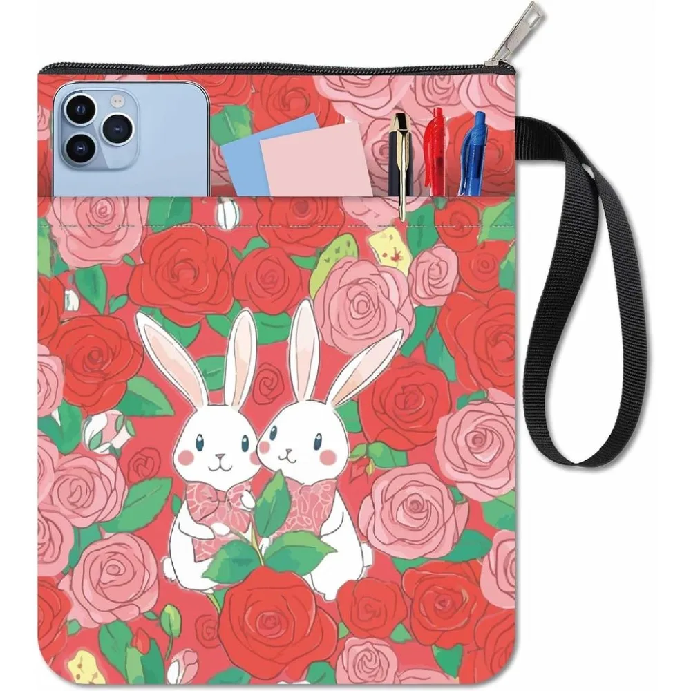 Rabbit Book Covers Flower Book Sleeve Rose Book Protector for Paperbacks Washable Fabric Cloth Book Cover with Zipper and Extra