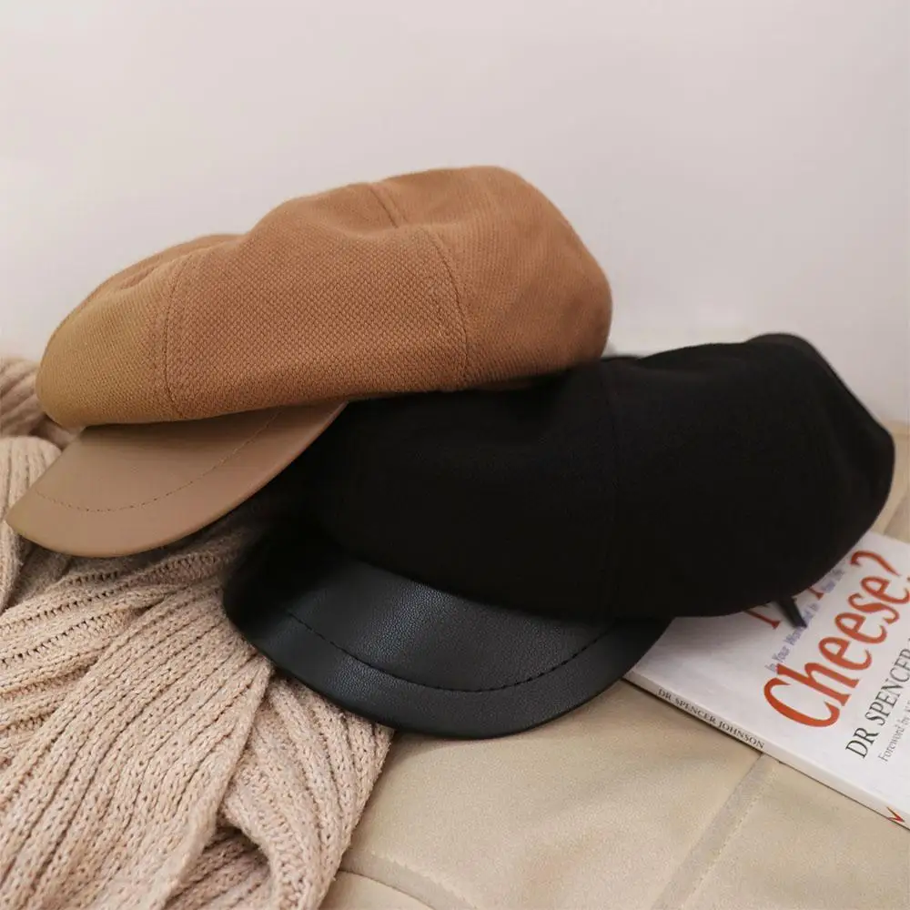 

Elegant Retro Style Pu Leather Beret Casual Black Brown Women's Beret Octagonal Cap Autumn Winter Painter Hat Lady