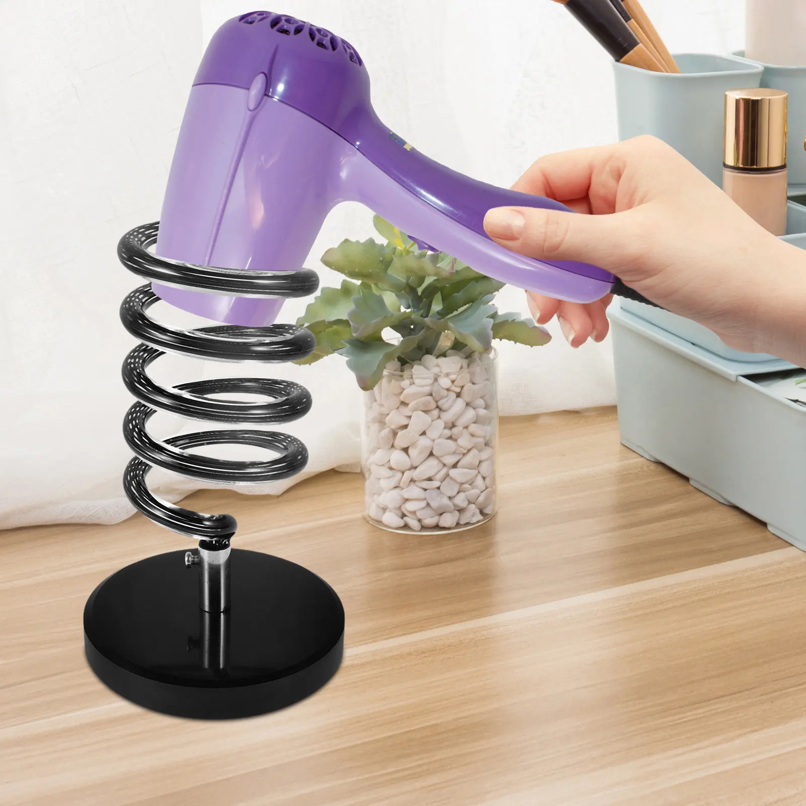 

Blow Dryer Stand Black Marble Base Hair Tool Holder Spiral Hair Dryer Organizer Salon Bathroom Countertop Rack