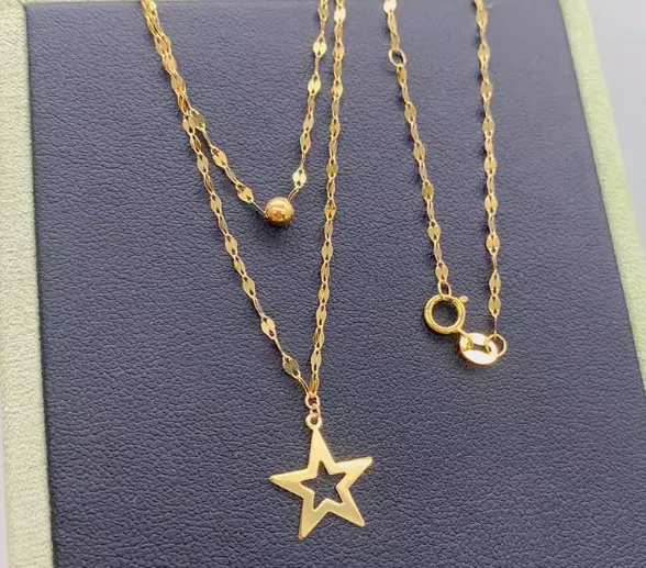 au750 jewelry real gold 18k chain necklaces for women fine gold double layer necklace gold star chains 1.3mm 42-45cm adjustable