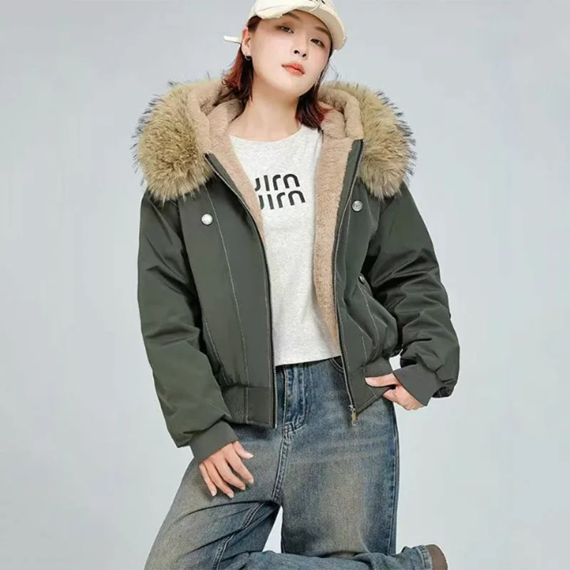 American Retro Fur Collar Hooded Parkas for Women Winter Thicken Warm Cotton Padded Short Jacket Y2K Harajuku Fleece-Lined Coat