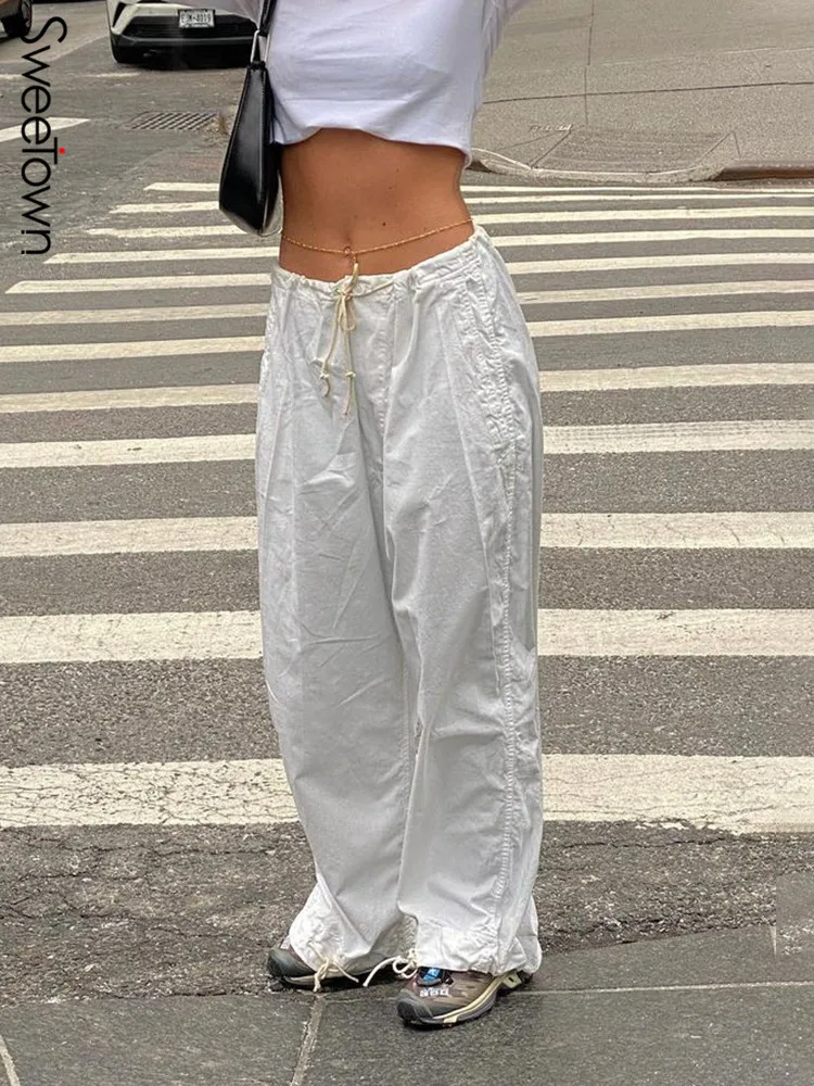 Sweetown Casual Baggy Wide Leg Sweatpants White Loose Drawstring Low Waist Streetwear Cargo Pants Womens Hippie Joggers Trousers