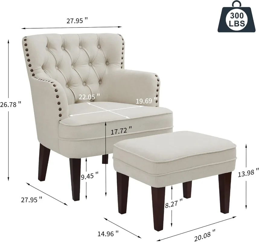 Tufted Beige Accent Chair with Ottoman and Vintage Brass Studs - For Living Room, Bedroom, Reception Room