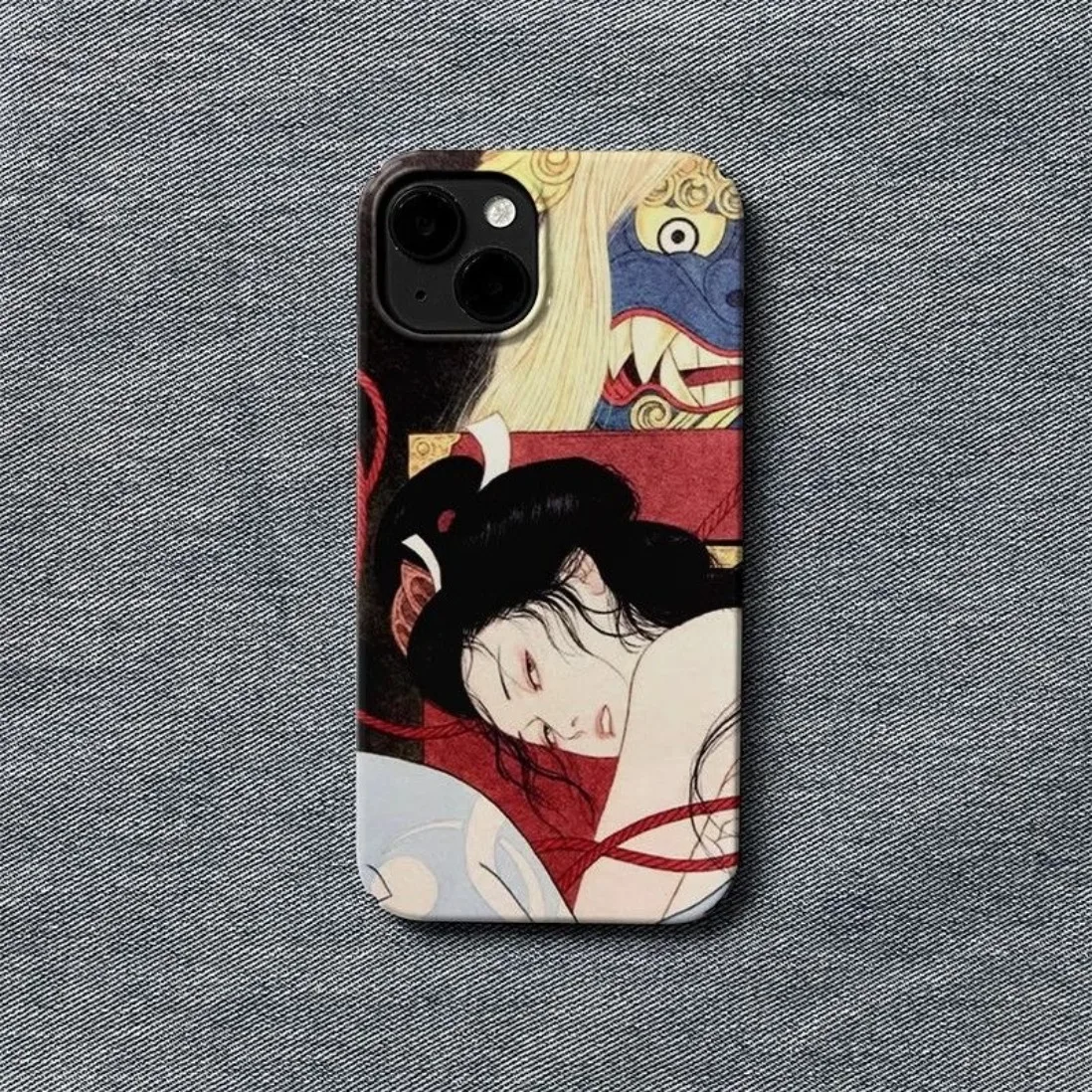 Japanische Ukiyo-e-Handyhülle mit traditionellen Figuren und mythologischen Tiermotiven für iPhone 18 17 16 15 14 11 12 13 Pro Max Plus Rückseiten-Cover – Detail 1