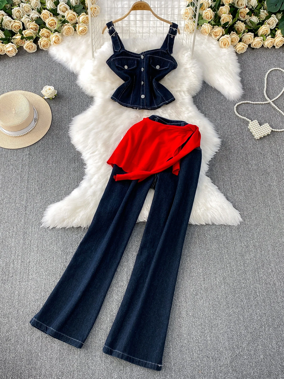 

Retro American Waed Denim Metal Bule Waist Cinched Strap Vest Two Piece Set Color Colion Fake Two Piece Wide Leg Pants