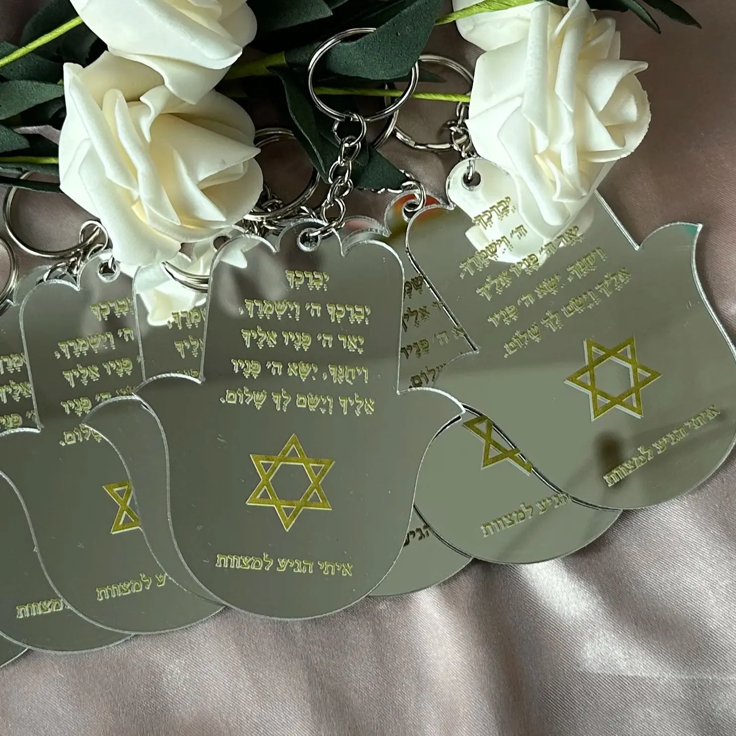 

10pcs Custom Acrylic Hebrew Hamsa, Mirror Silver, Prayer Hamsa, Birthday Invitation,Hebrew Blessing for Gift Favor Decoration