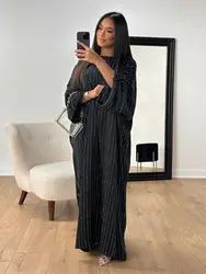 Eid nero musulmano caftano raso lucido Batwing Abaya Dubai abiti africani di lusso per le donne caftano Marocain Robe Femme Musulmane