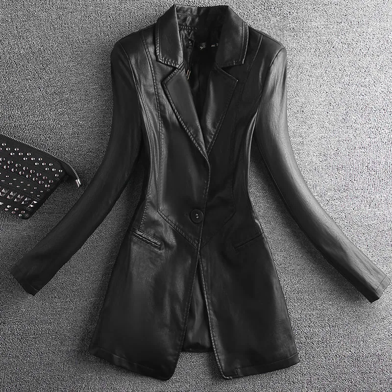 2025 Autumn Women Leather Coat Suit Collar Leather Jacket Black