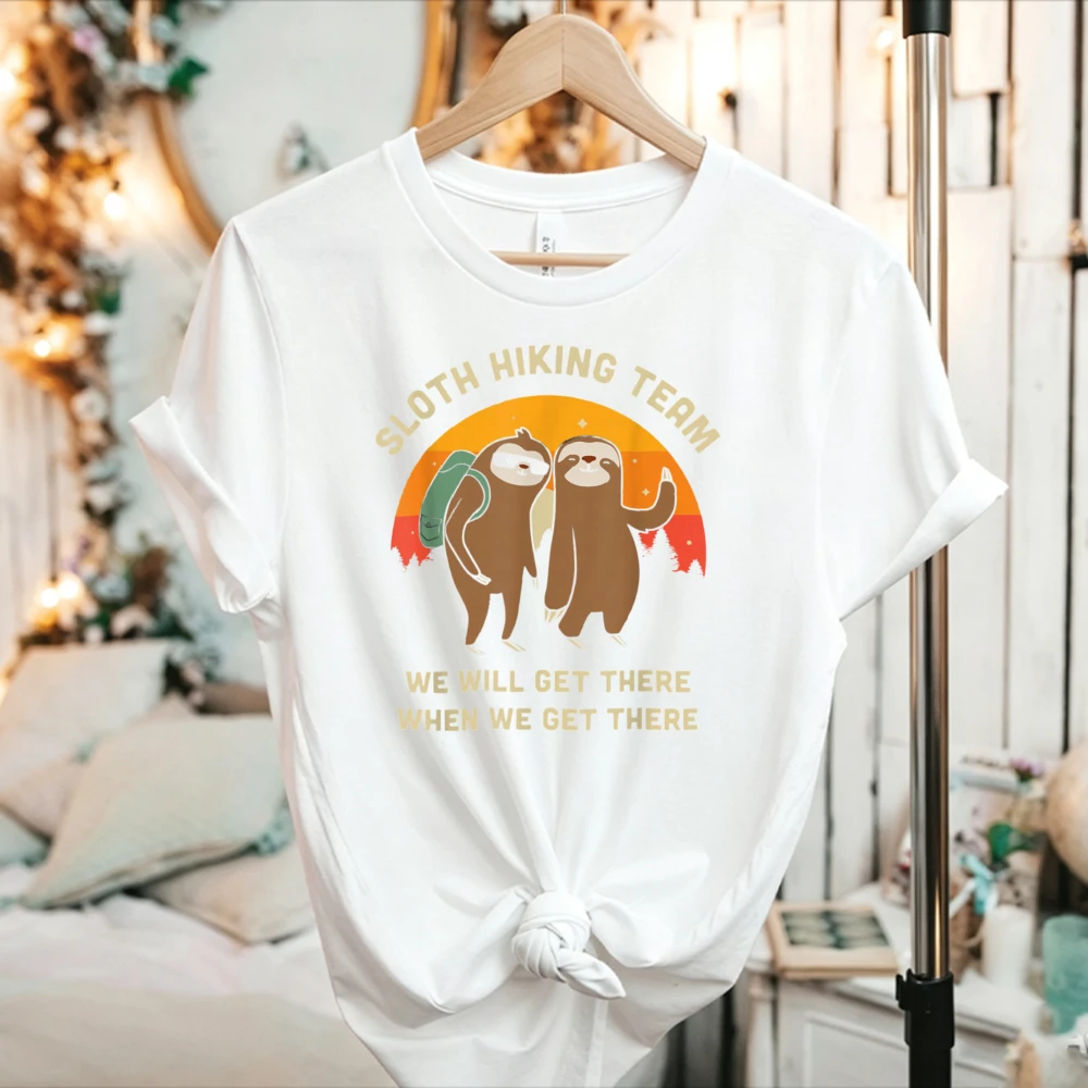 Sloth Hiking Team We Will Get There When We Get There Graphic T-Shirt Sloth Retro Sunset Casual Hiking Outdoor Humor Cotton Tees