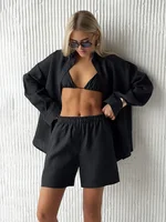 Bornladies Women's Cotton Casual Shorts Set Solid Color Lapel Long Sleeve Shirt Elastic Waist Shorts Outfit Daily Vacation Wear - Image 2