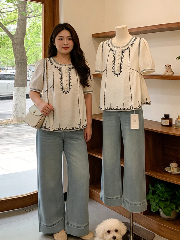 

Женская повседневная рубашка больших размеров в этническом стиле с вышивкой, приталенная, корейская версия, с круглым вырезом, короткий рукав