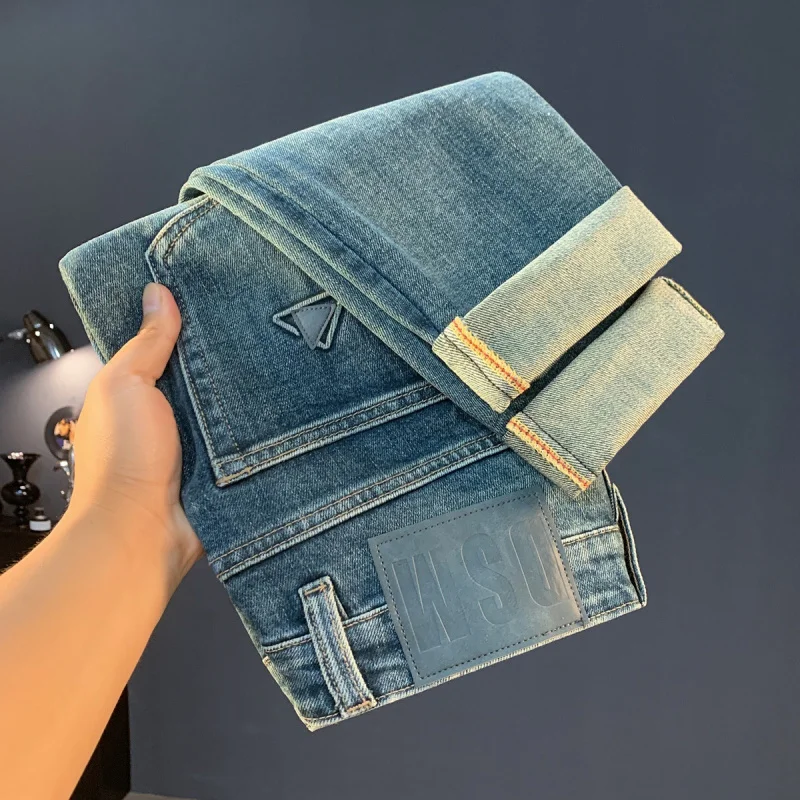

2025 new autumn vintage blue men's high-end trendy brand slim fit small foot casual luxury denim long pants