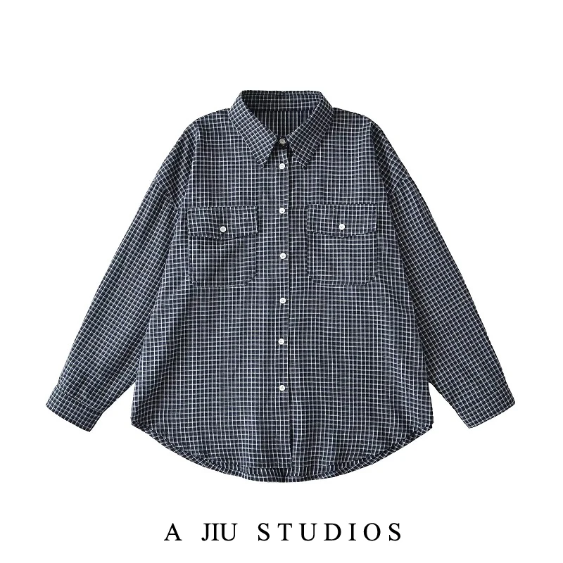 Loose Long Sve Plaid irt Jaet Women's Autumn Retro Design Sense Small ence Top Breathable Cotton Polyester Blend