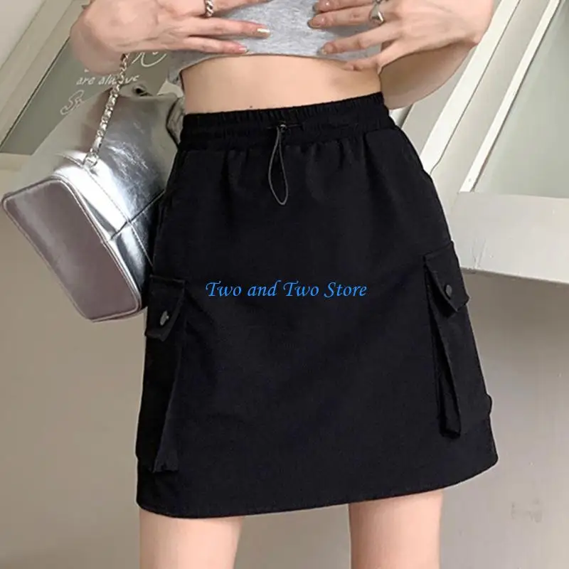 

HX6F Women's Fashion Solid A Line Mini Cargo Skirt with Drawstring Elastic Waistband