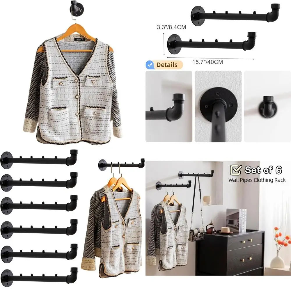 

Heavy-Duty Metal Wall-Mounted Clothes Bar with Hooks, 6-Piece Garment Rack Set