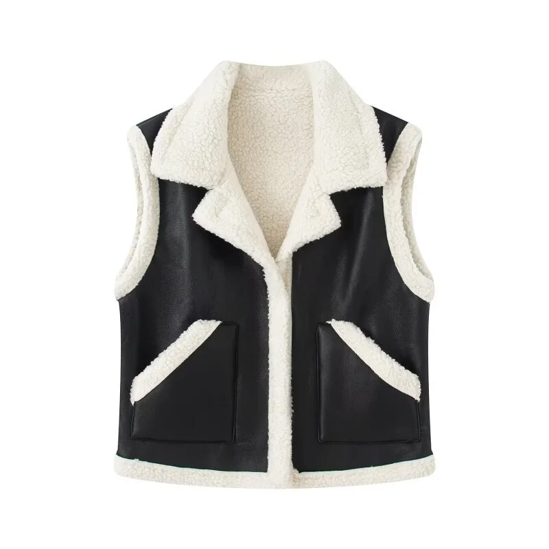 

Women's Autumn Winter Lapel Black White Contrast Faux Leather Vest, Warm Comfortable, Perfect for Daily Outings & Work