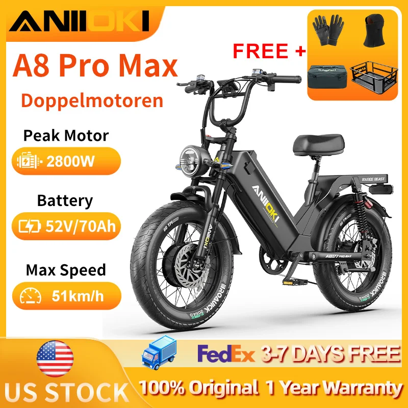 

Электровелосипеды для взрослых Aniioki Ebike 2800W с двумя моторами, 52V 70Ah, скорость до 32 миль/ч, модель Aniioki AQ177 Pro Max