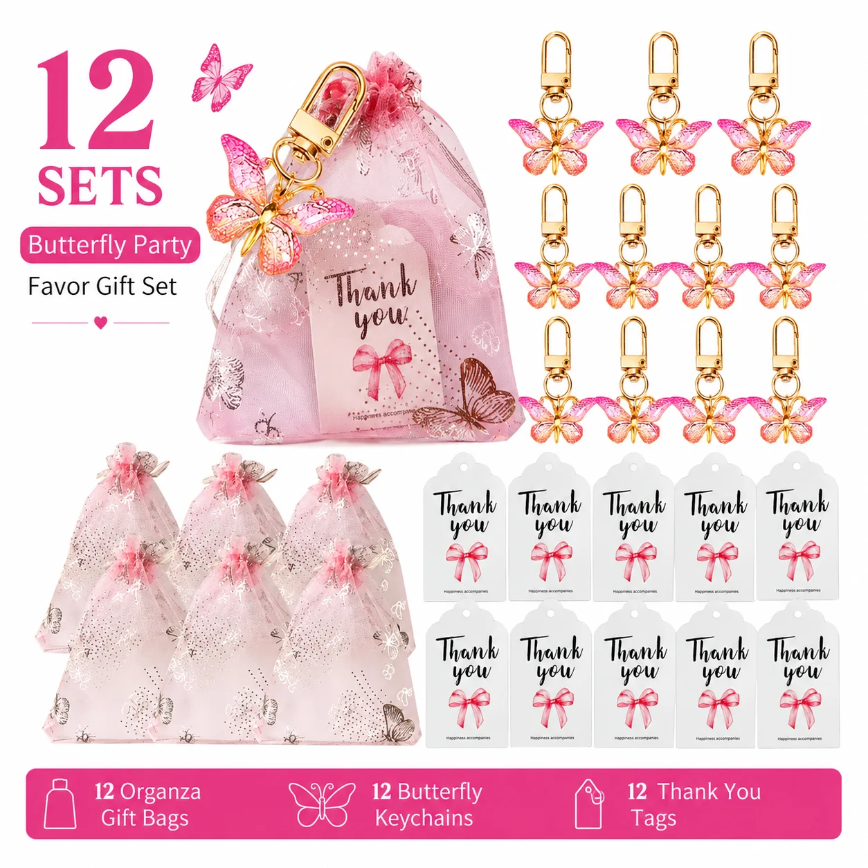 Ensemble de 36 porte-clés papillon, cadeaux de fête avec sacs cadeaux en organza et étiquettes de remerciement pour les cadeaux d'invités de mariage et d'anniversaire