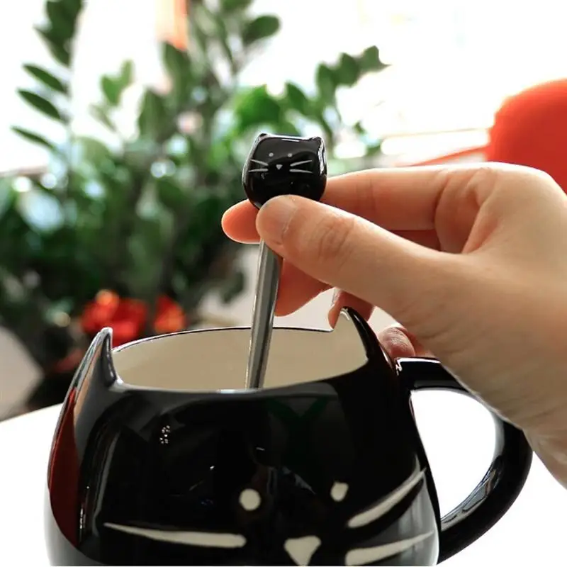 1Pcs /Pack Flatware Kitchen Tool Ice Cream Cartoon Spoon Stainless Steel Long Coffee Cat Handle Ceramic Fruit Fork