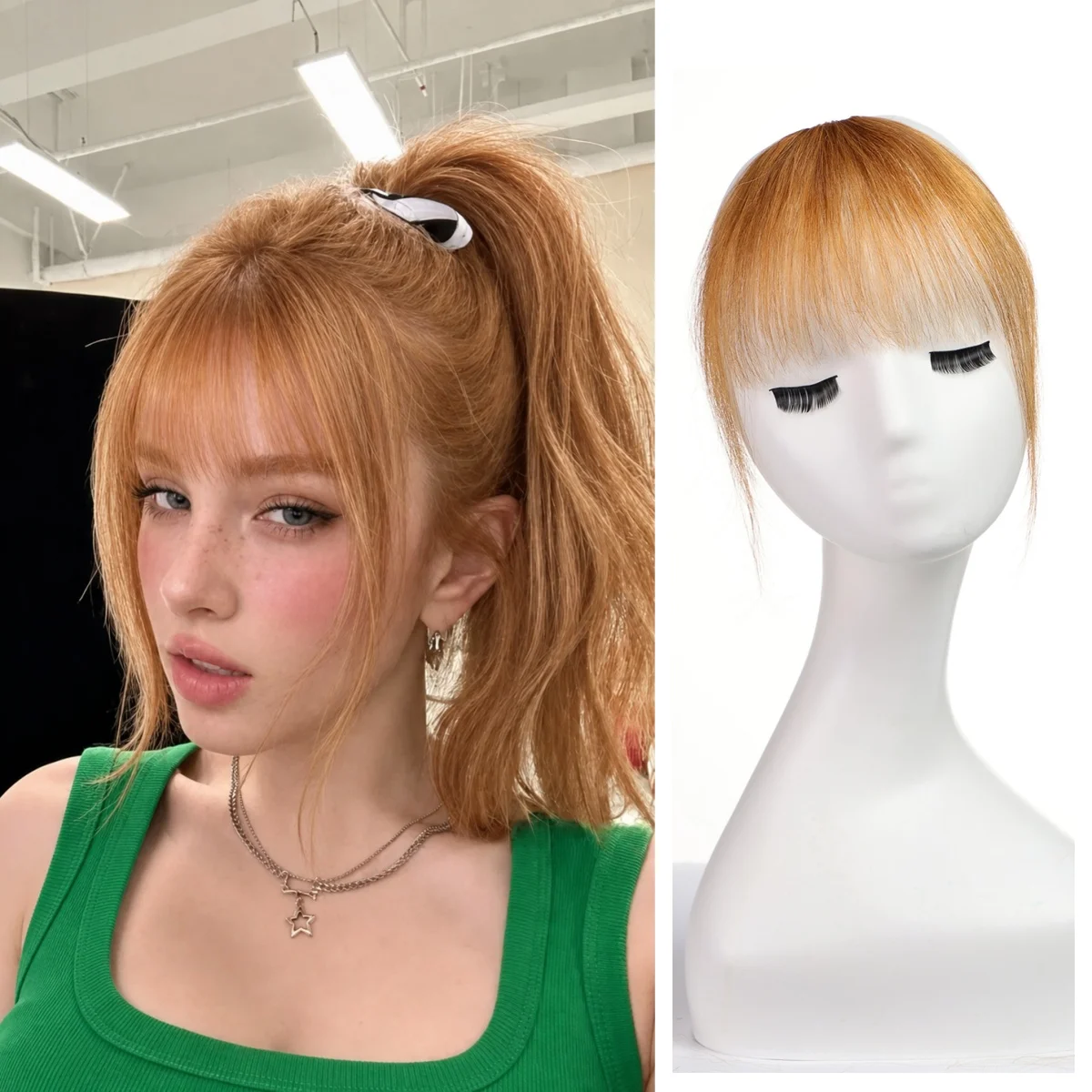 100% Human Hair Extensions Clip in Bangs for women Fringe with Temples Hairpieces Natural Looking Strawberry Blonde Wispy Bangs