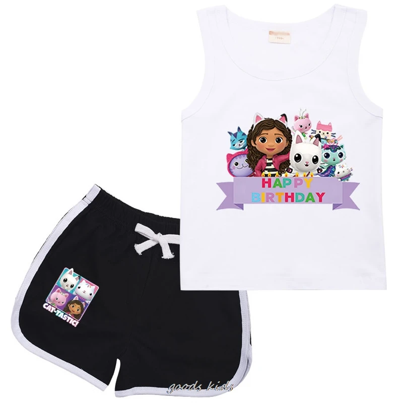 Nowa koszulka Gabby's Dollhouse Kids Summer Clothes Girls Cartoon Sports Suit Toddler Boys Kamizelka z krótkim rękawem + Szorty 2Pcs Zestawy