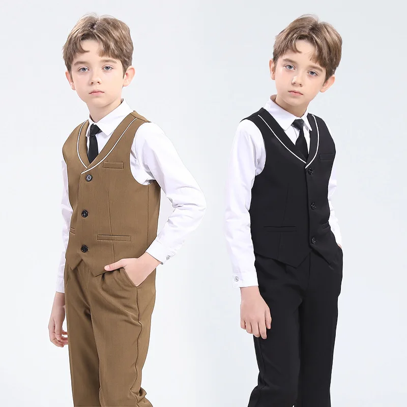 Children Spring Khaki Vest Shirt Pants Tie Photograph Suit Boys Formal Ceremony Tuxedo Dress Kids Wedding Performance Costume