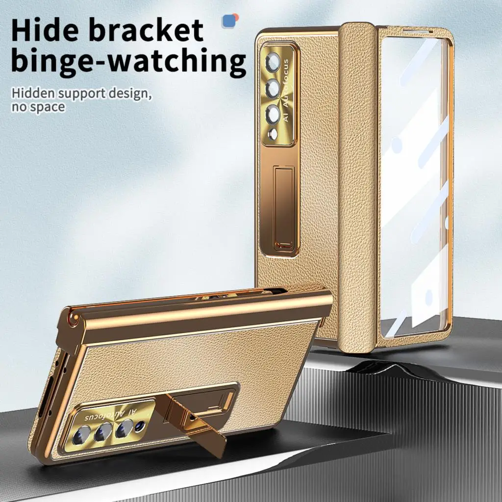 With S Pen Fold 4 Plating Leather Case For Samsung Galaxy Z Fold3 2 5 6 360 Full Screen Protector Magnetic Kickstand Phone Cover