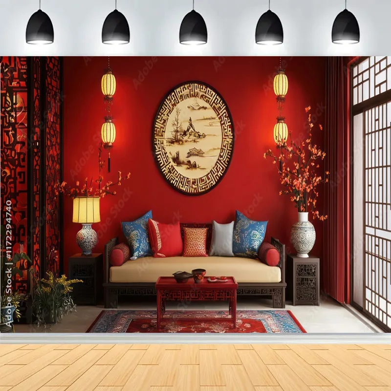 Chiński Nowy Rok Dekoracja Fotografia Tła Czerwone Latarnie Kwiaty Dekorowane Wiosna Świąteczny Wentylator Kwiat Tło TK-02