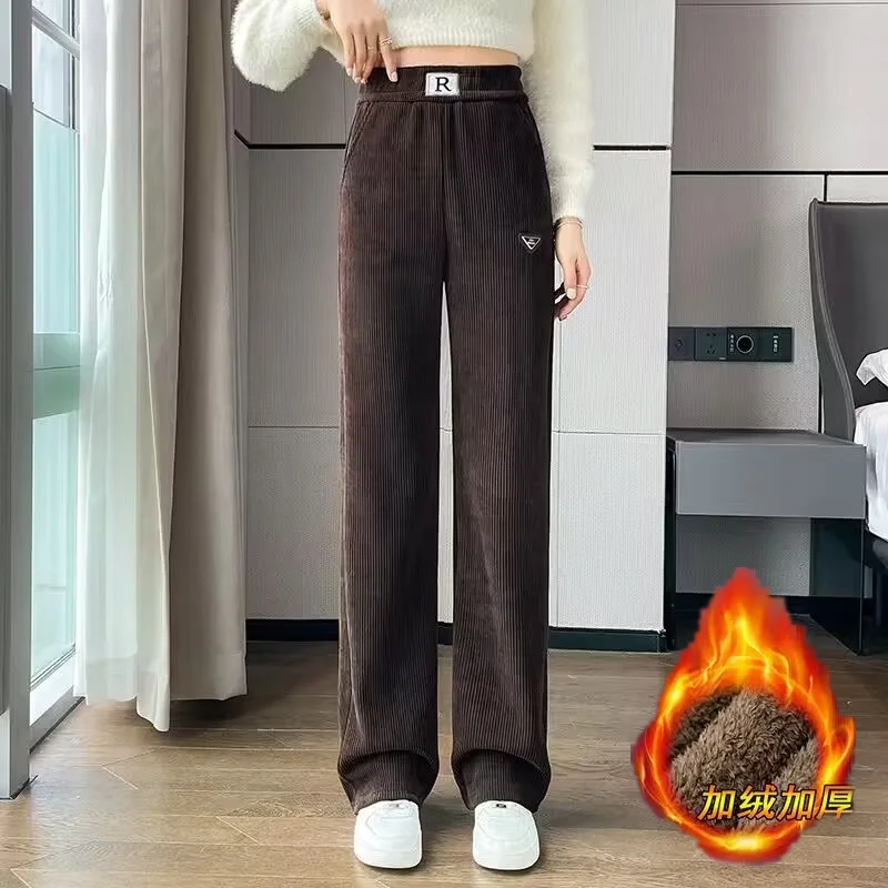 Women Clothes Vintage Casual Streetwear High Waist Pants Autumn Winter Trendy Appliques Pockets Plush Thick Trousers Pantalones