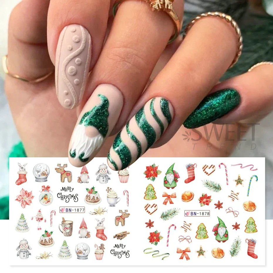 12pcs Merry Christmas Water Nail Sticker Gonk Elk Cookies Snowflake Celebration Ball Sliders Winter New Year Manicure Decor Foil