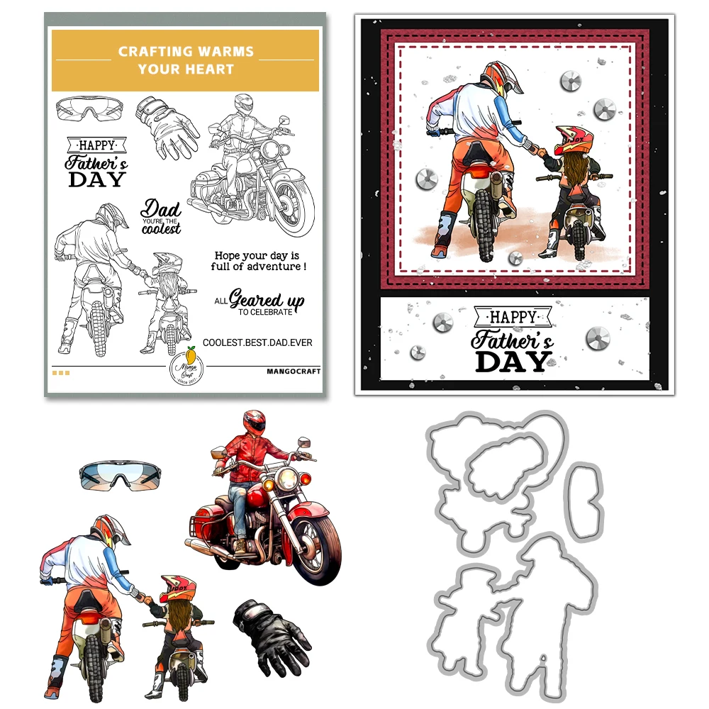 Mangocraft Racing Motorcycle Cutting Dies Clear Stamp Father's Day DIY Scrapbooking Metal Dies Silicone Stamps For Cards Albums