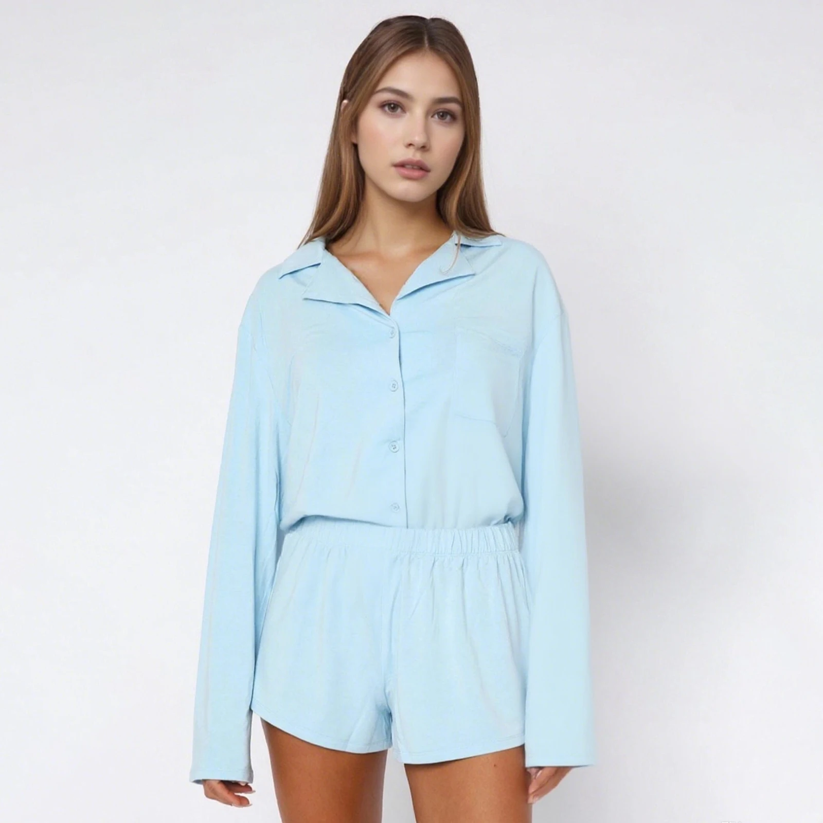 

Women Fall 2 Piece Pajamas Set Solid Color Button up Long Sleeves Shirt and Elastic Shorts for Loungewear Soft Sleepwear