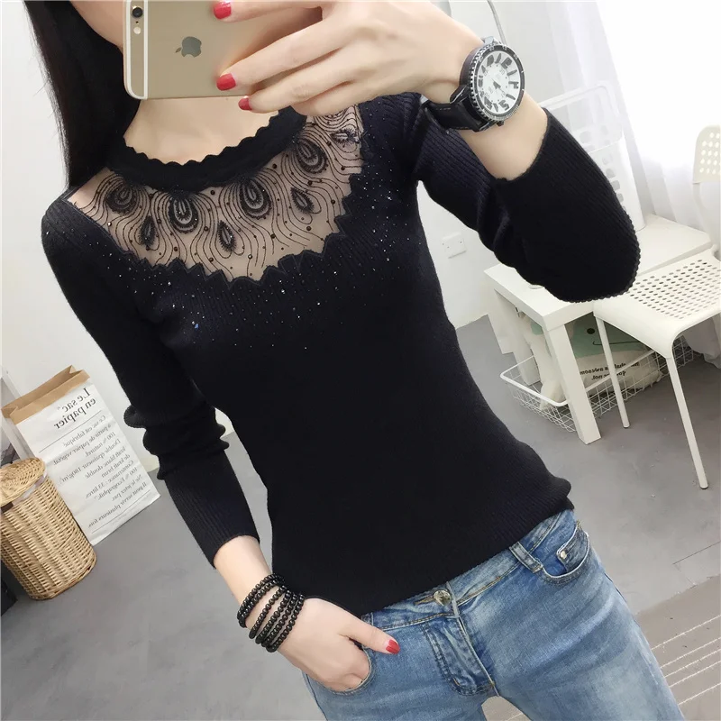 

Sexy Lace Long Sleeve Round Neck Thin Women's Top Pullover Sweater Blusas Clothes for Women Tops Shirts Blouses