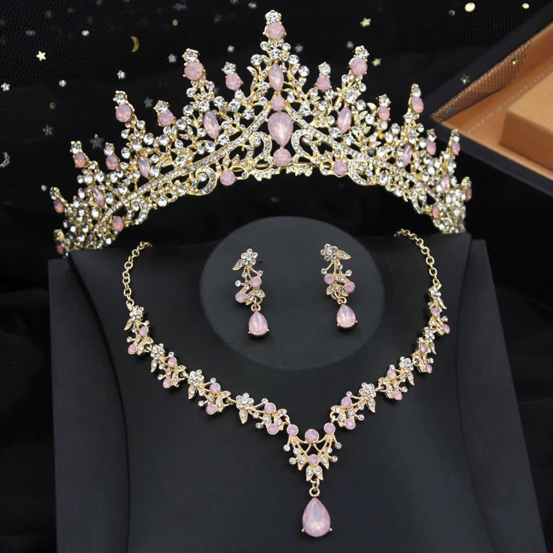 Luxury Silver Color Opal Water Drop Crown Bridal Jewelry Sets Rhinestone Tiaras and Necklace Earrings Wedding Dress Jewelry Set