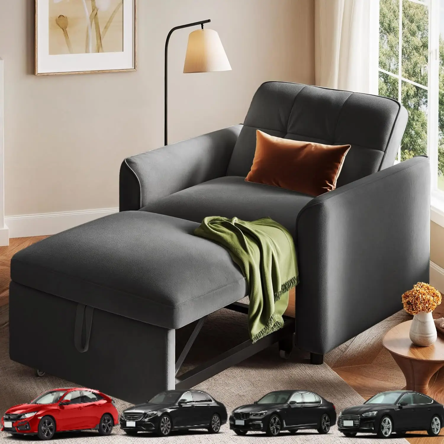

YITAHOME Convertible Sofa Chair Bed, 3-in-1 Sleeper Sofa with Pull-Out Bed, Velvet Fabric Single Sleeper Chair with Reclining an