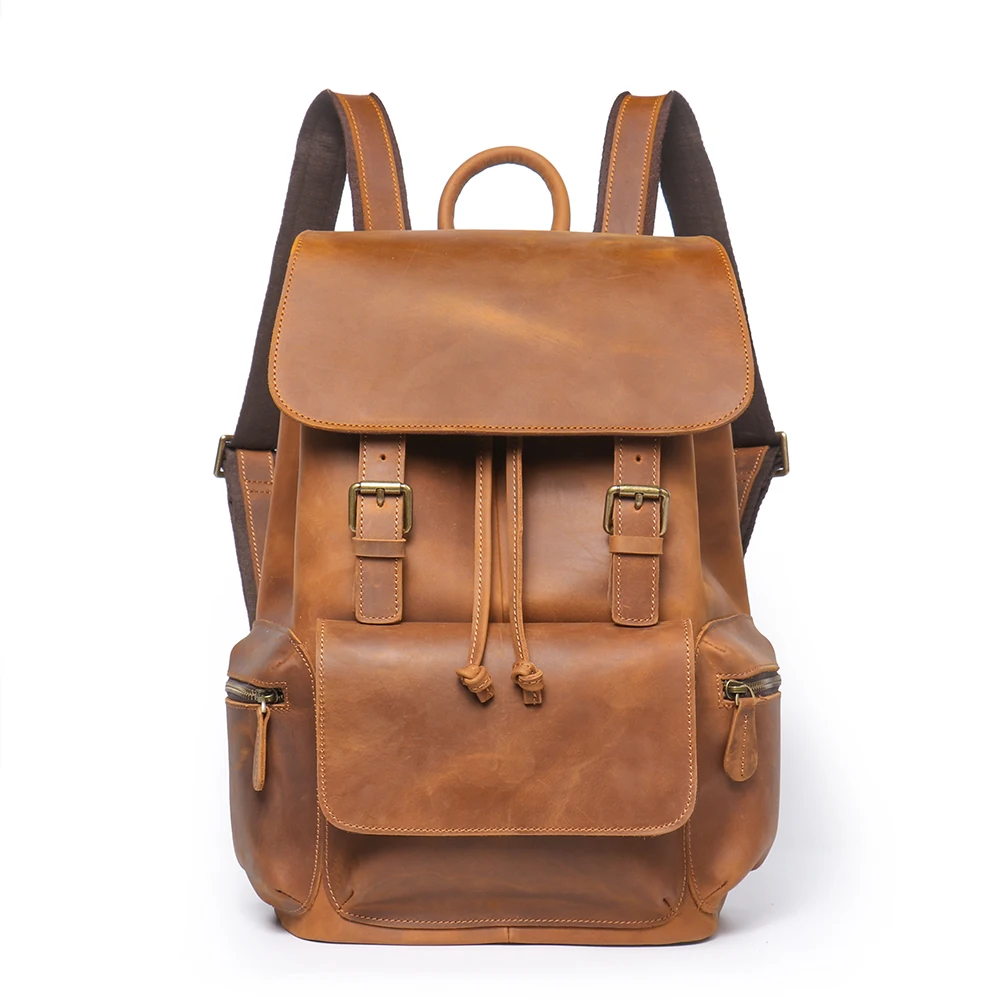 Customized Logo Cattle Leather Backpack Men Vintage Laptop Bag Fashionable Leather Knapsack Crazy Horse Leather Backpack Men