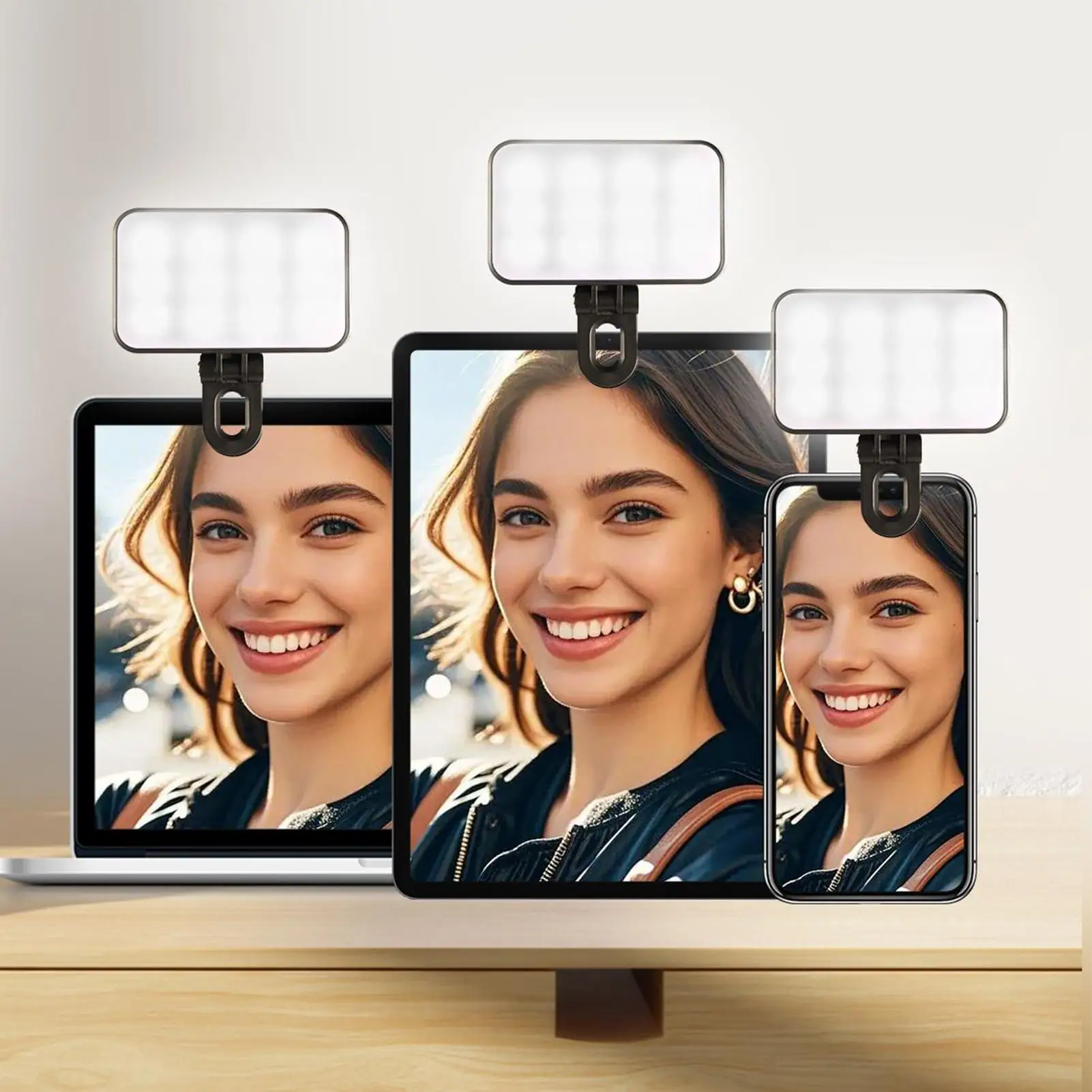 Portable LED Selfie Light Rechargeable 3 Color Modes Adjustable Brightness Clip-on LED Light For Mobile Phones Vlogging Live