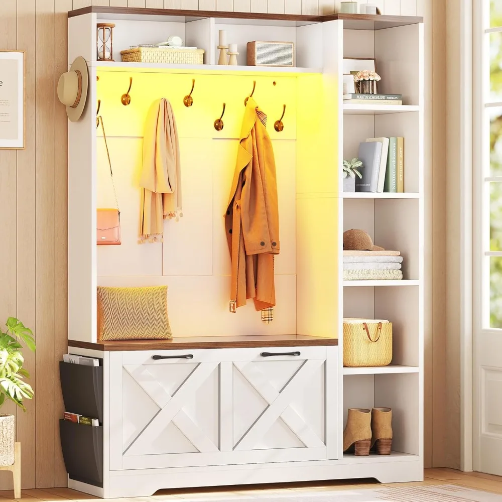 مقعد مدخل المزرعة الريفية مع رف معطف وتخزين الأحذية يتميز بـ 7 أرفف وأدراج قابلة للطي #1
